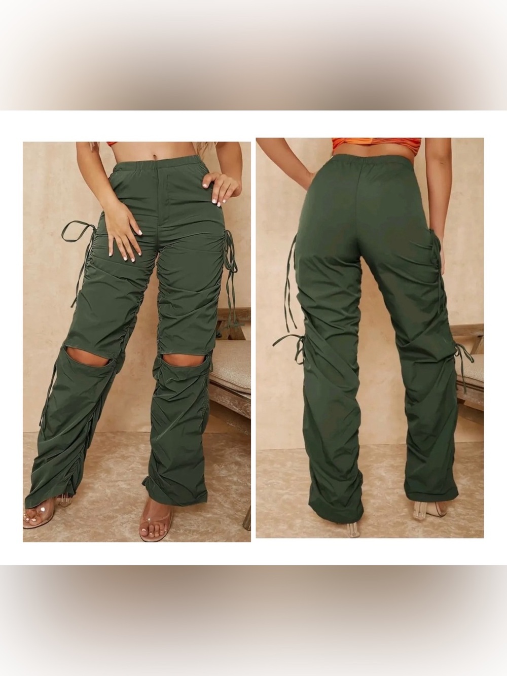 Sorella Women’s M Dark Green Drawstrng Dance Pants CutOut Knee Streetwear Hiphop
